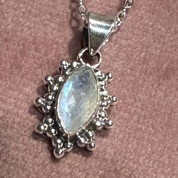 Rainbow Moonstone Faceted Marquise Halo Pendant Sterling Silver - Picture 5 of 8